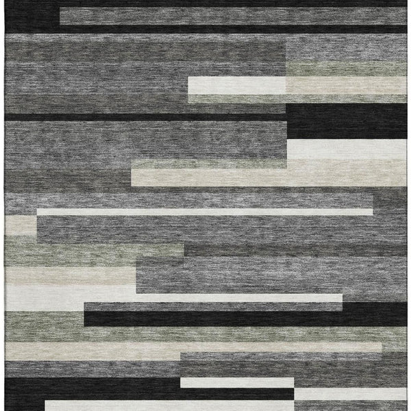 HomeRoots 10' Stylish Black, Gray, and Ivory Striped Washable Area Rug - Durable, UV Protected, Easy Care! 664248