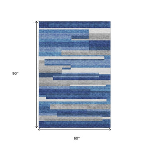 HomeRoots 5' Blue Gray and Ivory Striped Area Rug - Washable, UV Protected, Soft & Durable for Any Space! 664250