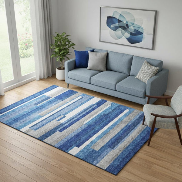 HomeRoots 5' Blue Gray and Ivory Striped Area Rug - Washable, UV Protected, Soft & Durable for Any Space! 664250