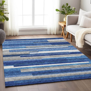 HomeRoots 5' Blue Gray and Ivory Striped Area Rug - Washable, UV Protected, Soft & Durable for Any Space! 664250