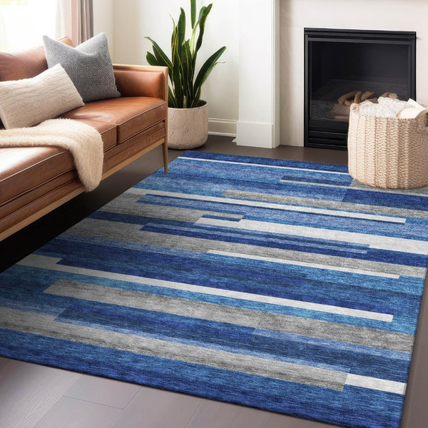 HomeRoots 5' Blue Gray and Ivory Striped Area Rug - Washable, UV Protected, Soft & Durable for Any Space! 664250