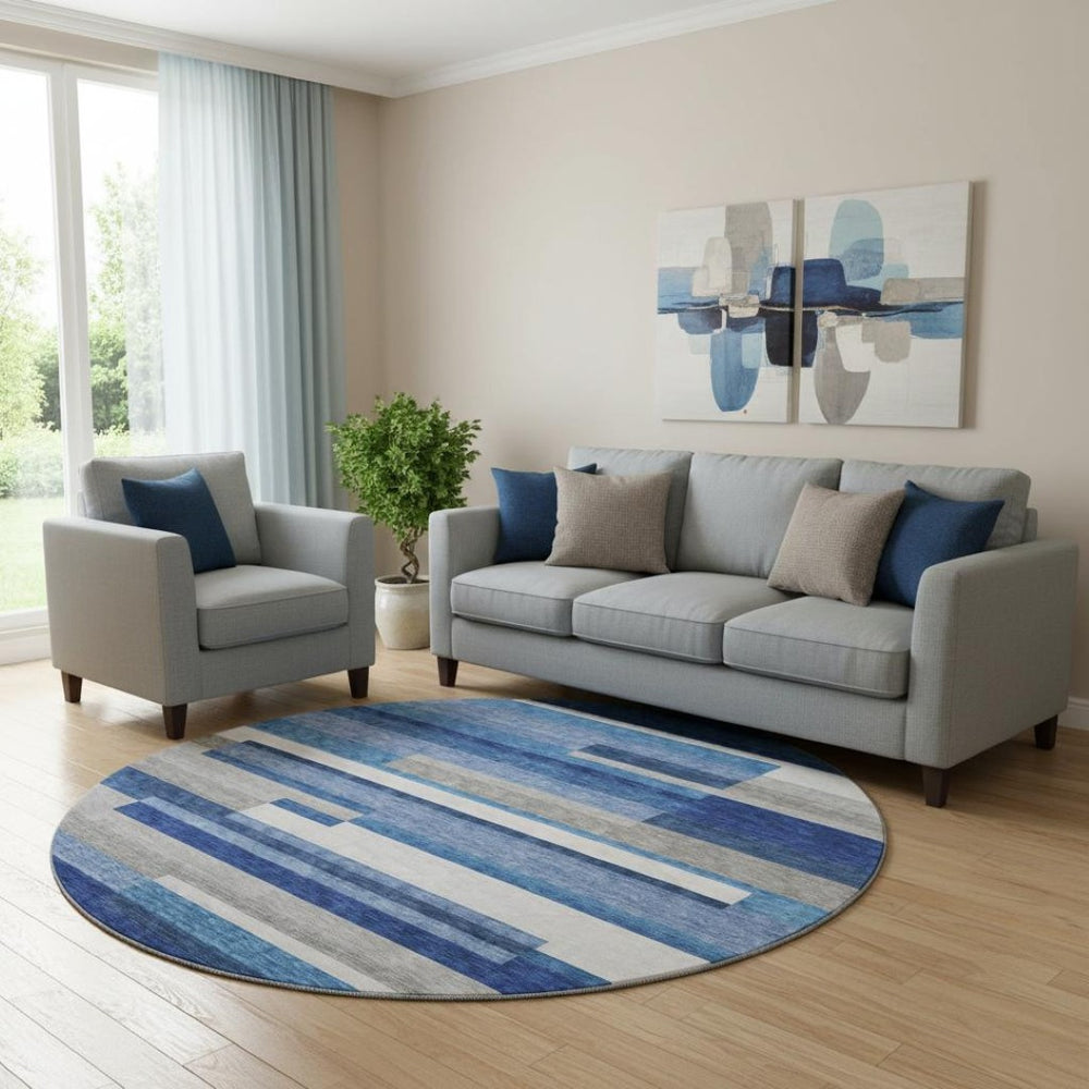 HomeRoots 8' Blue Gray and Ivory Striped Washable Round Rug – Durable, UV-Protected, Perfect for High Traffic Spaces! 664251