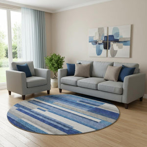 HomeRoots 8' Blue Gray and Ivory Striped Washable Round Rug – Durable, UV-Protected, Perfect for High Traffic Spaces! 664251