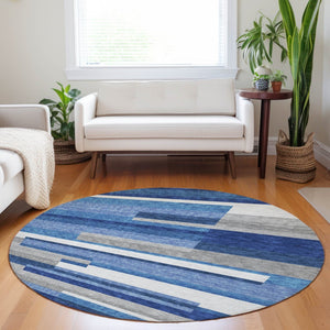 HomeRoots 8' Blue Gray and Ivory Striped Washable Round Rug – Durable, UV-Protected, Perfect for High Traffic Spaces! 664251
