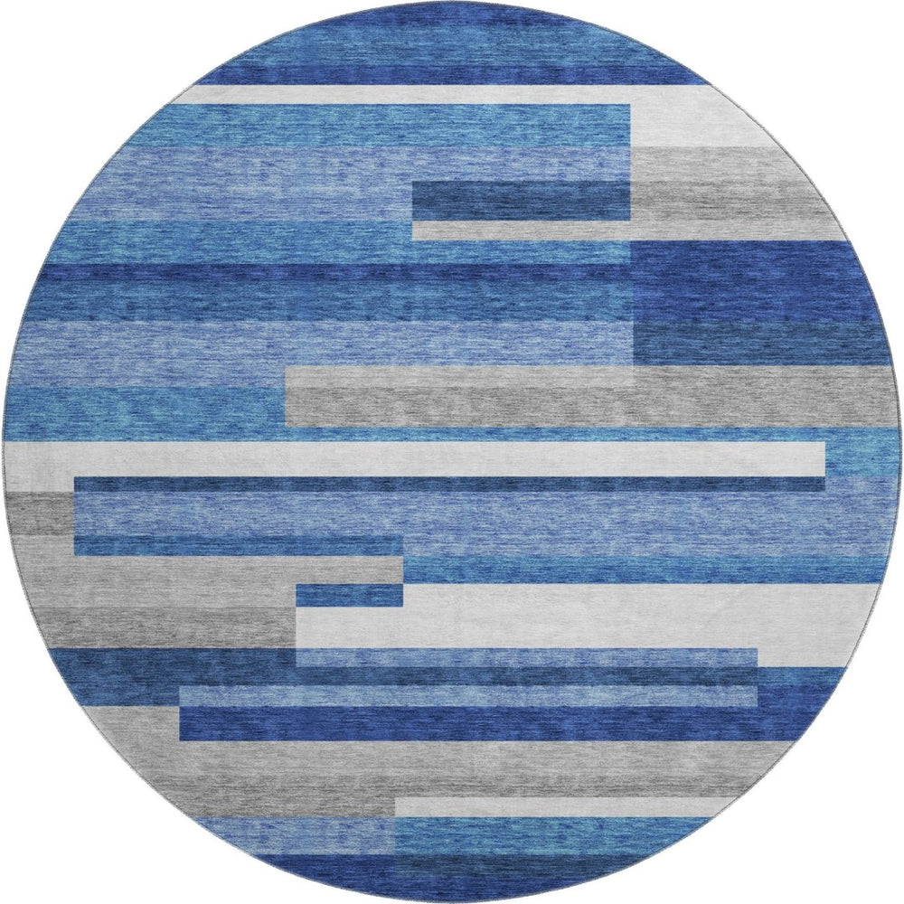 HomeRoots 8' Blue Gray and Ivory Striped Washable Round Rug – Durable, UV-Protected, Perfect for High Traffic Spaces! 664251