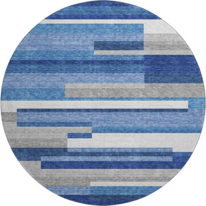 HomeRoots 8' Blue Gray and Ivory Striped Washable Round Rug – Durable, UV-Protected, Perfect for High Traffic Spaces! 664251