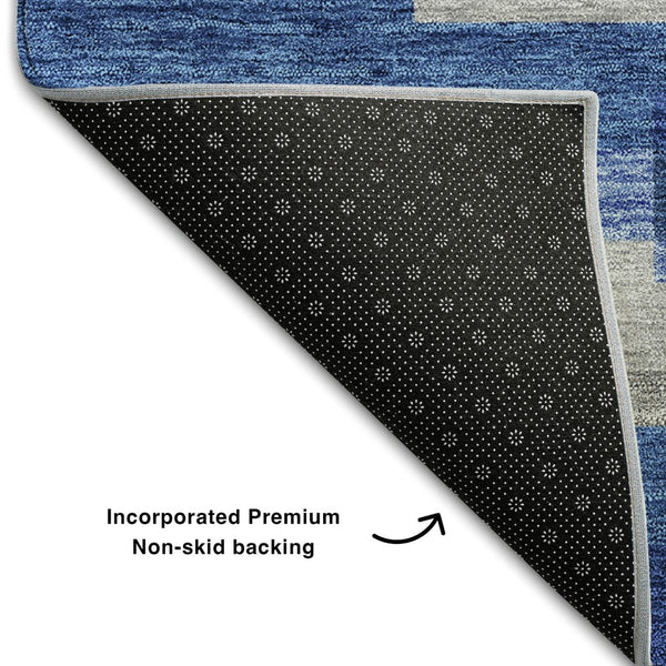 HomeRoots 8' Blue Gray and Ivory Striped Washable Round Rug – Durable, UV-Protected, Perfect for High Traffic Spaces! 664251