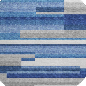 HomeRoots 8' Blue Gray and Ivory Striped Washable Round Rug – Durable, UV-Protected, Perfect for High Traffic Spaces! 664251