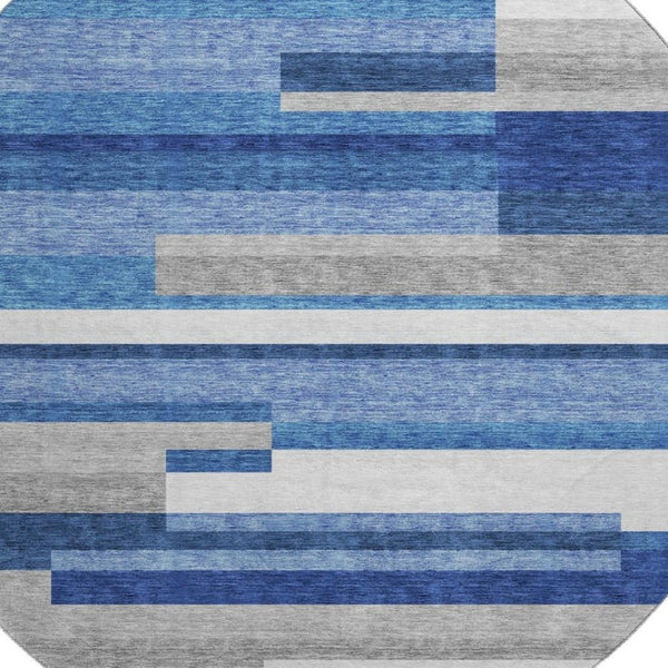 HomeRoots 8' Blue Gray and Ivory Striped Washable Round Rug – Durable, UV-Protected, Perfect for High Traffic Spaces! 664251