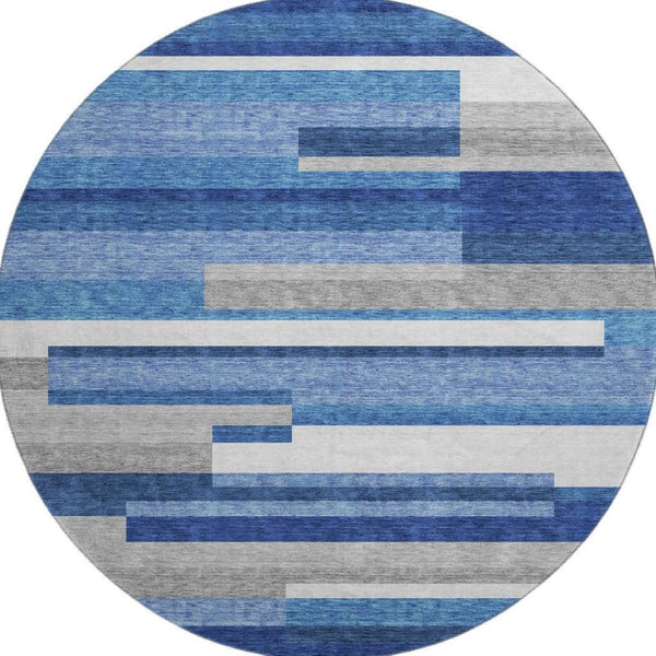 HomeRoots 8' Blue Gray and Ivory Striped Washable Round Rug – Durable, UV-Protected, Perfect for High Traffic Spaces! 664251