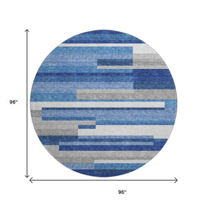 HomeRoots 8' Blue Gray and Ivory Striped Washable Round Rug – Durable, UV-Protected, Perfect for High Traffic Spaces! 664251