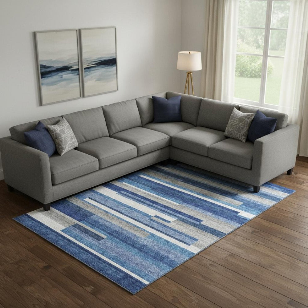 HomeRoots 8' X 10' Stylish Blue Gray & Ivory Striped Area Rug - Washable, UV Protected & Family-Friendly Design 664252