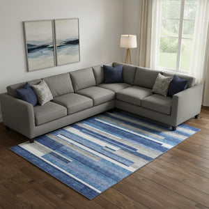 HomeRoots 8' X 10' Stylish Blue Gray & Ivory Striped Area Rug - Washable, UV Protected & Family-Friendly Design 664252