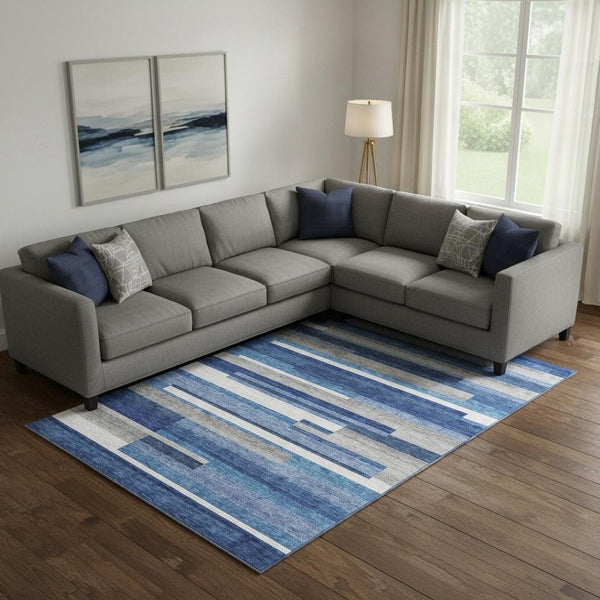 HomeRoots 8' X 10' Stylish Blue Gray & Ivory Striped Area Rug - Washable, UV Protected & Family-Friendly Design 664252