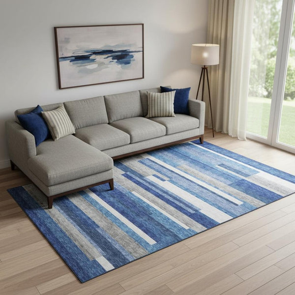 HomeRoots 9' X 12' Coastal Blue Gray Ivory Striped Area Rug - Washable, UV Protected, Perfect for Families 664253