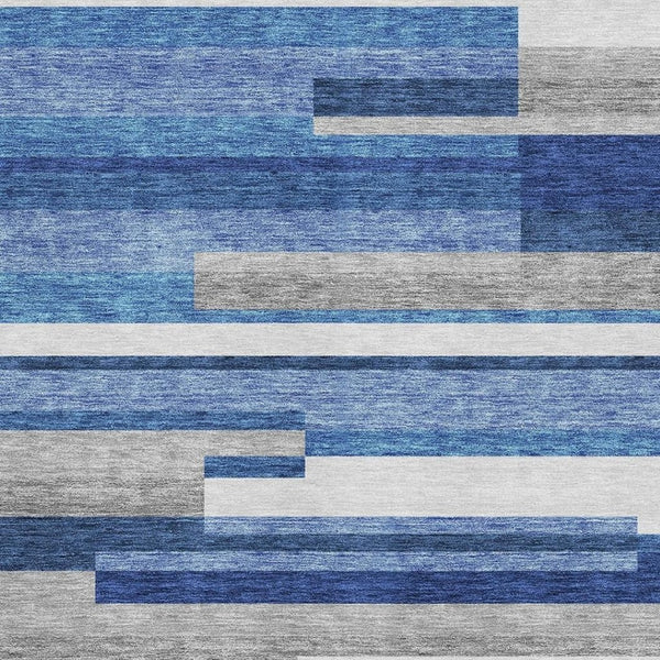 HomeRoots 9' X 12' Coastal Blue Gray Ivory Striped Area Rug - Washable, UV Protected, Perfect for Families 664253