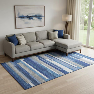HomeRoots 10' Blue Gray & Ivory Striped Washable Area Rug - UV-Protected, Stain-Resistant, Durable Design for Homes 664254