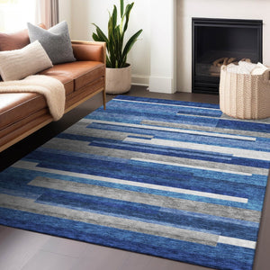 HomeRoots 10' Blue Gray & Ivory Striped Washable Area Rug - UV-Protected, Stain-Resistant, Durable Design for Homes 664254