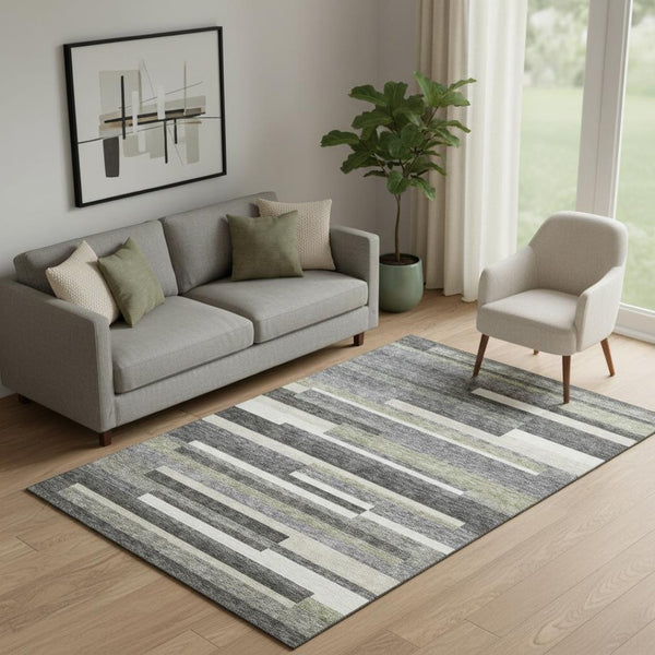 HomeRoots 5' Charcoal Gray and Silver Striped Area Rug – Washable, UV-Protected, Durable for High-Traffic Spaces 664268