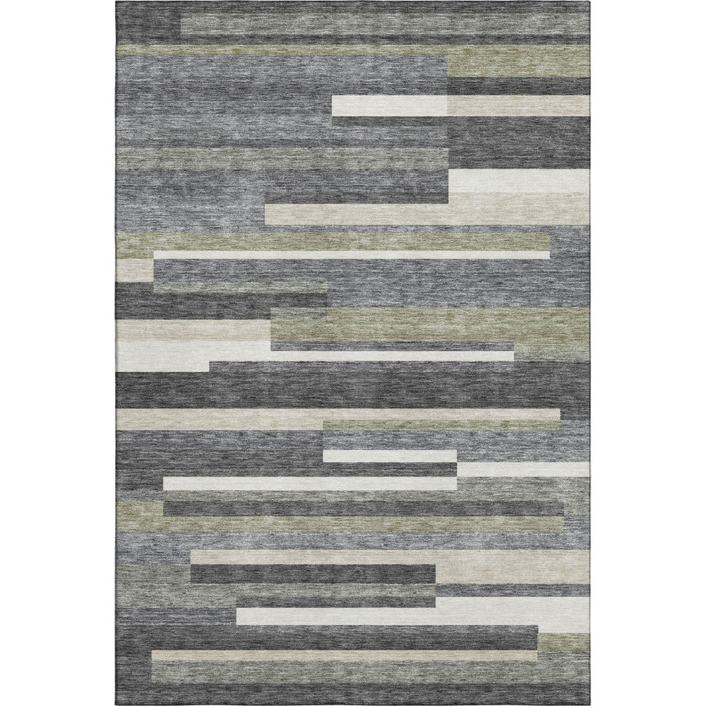 HomeRoots 5' Charcoal Gray and Silver Striped Area Rug – Washable, UV-Protected, Durable for High-Traffic Spaces 664268