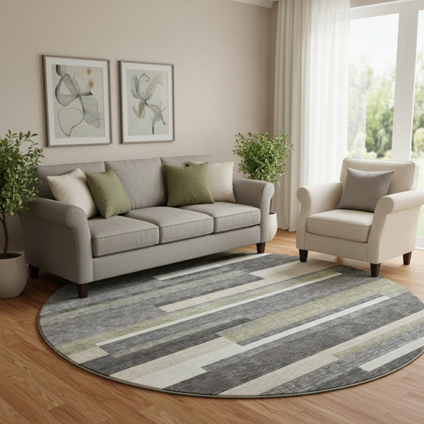 HomeRoots 8' Charcoal Gray & Silver Striped Washable Round Rug - Durable, Stain Resistant & UV Protected for Homes 664269