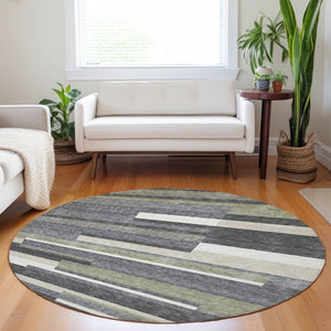 HomeRoots 8' Charcoal Gray & Silver Striped Washable Round Rug - Durable, Stain Resistant & UV Protected for Homes 664269