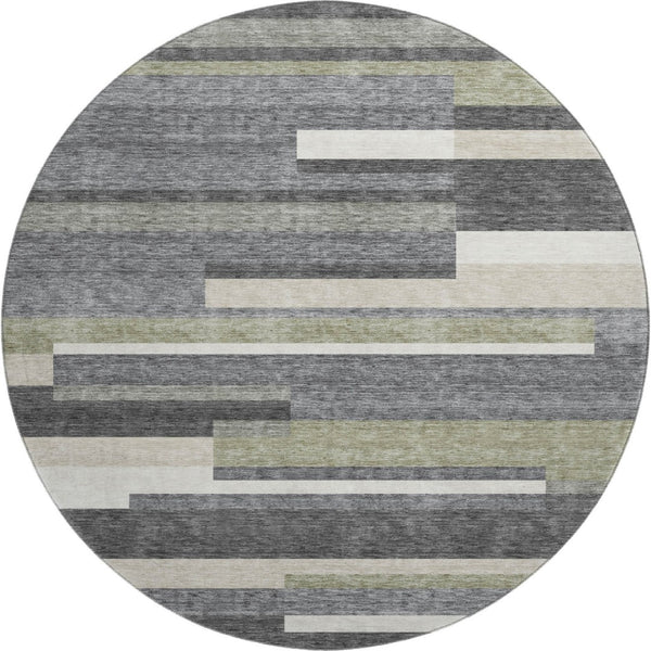 HomeRoots 8' Charcoal Gray & Silver Striped Washable Round Rug - Durable, Stain Resistant & UV Protected for Homes 664269