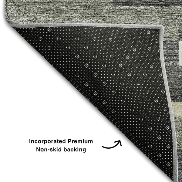 HomeRoots 8' Charcoal Gray & Silver Striped Washable Round Rug - Durable, Stain Resistant & UV Protected for Homes 664269