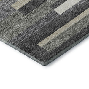 HomeRoots 8' Charcoal Gray & Silver Striped Washable Round Rug - Durable, Stain Resistant & UV Protected for Homes 664269