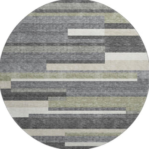 HomeRoots 8' Charcoal Gray & Silver Striped Washable Round Rug - Durable, Stain Resistant & UV Protected for Homes 664269