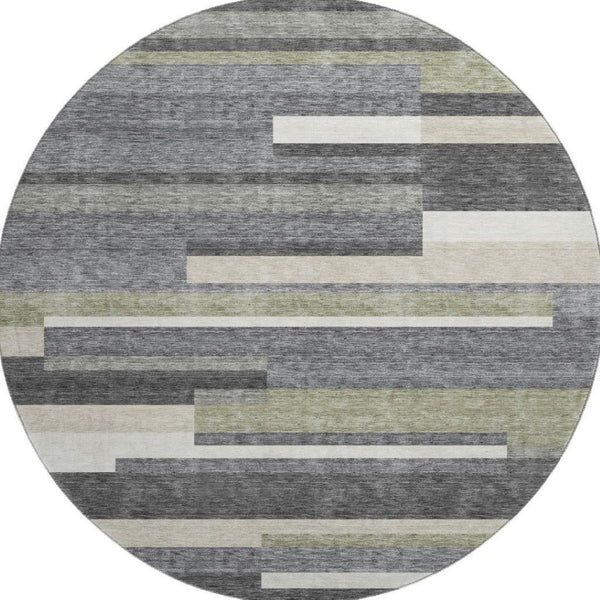 HomeRoots 8' Charcoal Gray & Silver Striped Washable Round Rug - Durable, Stain Resistant & UV Protected for Homes 664269