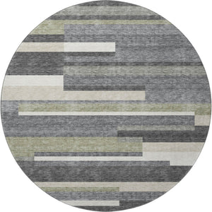 HomeRoots 8' Charcoal Gray & Silver Striped Washable Round Rug - Durable, Stain Resistant & UV Protected for Homes 664269