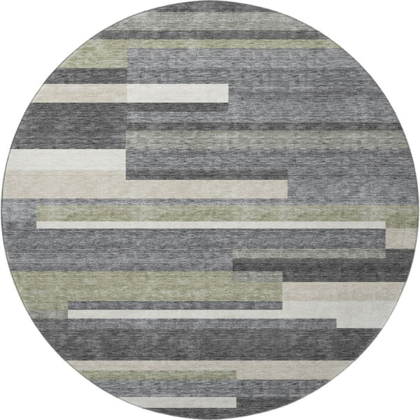 HomeRoots 8' Charcoal Gray & Silver Striped Washable Round Rug - Durable, Stain Resistant & UV Protected for Homes 664269