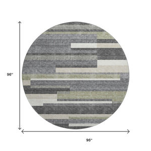 HomeRoots 8' Charcoal Gray & Silver Striped Washable Round Rug - Durable, Stain Resistant & UV Protected for Homes 664269