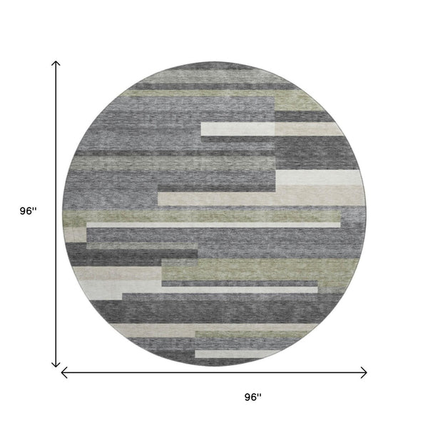 HomeRoots 8' Charcoal Gray & Silver Striped Washable Round Rug - Durable, Stain Resistant & UV Protected for Homes 664269