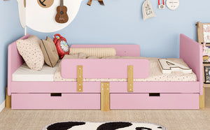English Elm Twin Low Profile Kids Floor Bed Pine Wood Frame with Safety Rail and Built in Bookshelf W1580P373242