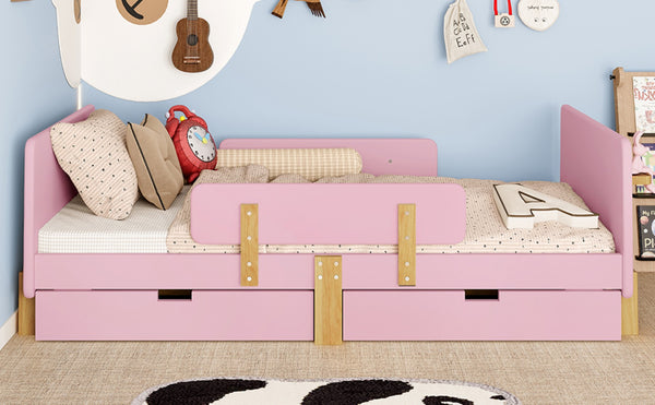 English Elm Twin Low Profile Kids Floor Bed Pine Wood Frame with Safety Rail and Built in Bookshelf W1580P373242