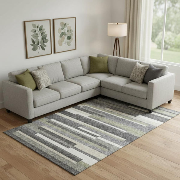 HomeRoots 8' X 10' Charcoal Gray & Silver Striped Area Rug - Washable, UV Protected, Stylish & Durable Design 664270