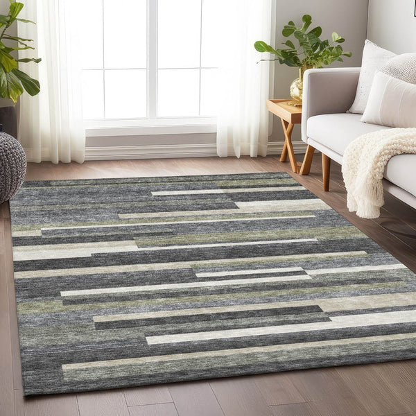 HomeRoots 8' X 10' Charcoal Gray & Silver Striped Area Rug - Washable, UV Protected, Stylish & Durable Design 664270