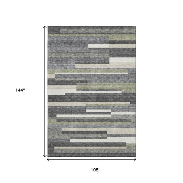 HomeRoots 9' X 12' Charcoal Gray & Silver Striped Washable Area Rug - Durable, UV-Protected, Easy Care Design 664271