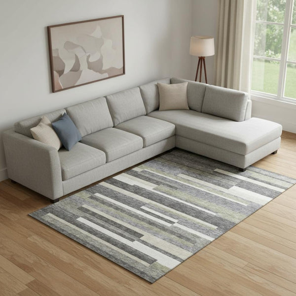 HomeRoots 9' X 12' Charcoal Gray & Silver Striped Washable Area Rug - Durable, UV-Protected, Easy Care Design 664271
