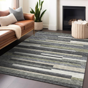 HomeRoots 9' X 12' Charcoal Gray & Silver Striped Washable Area Rug - Durable, UV-Protected, Easy Care Design 664271