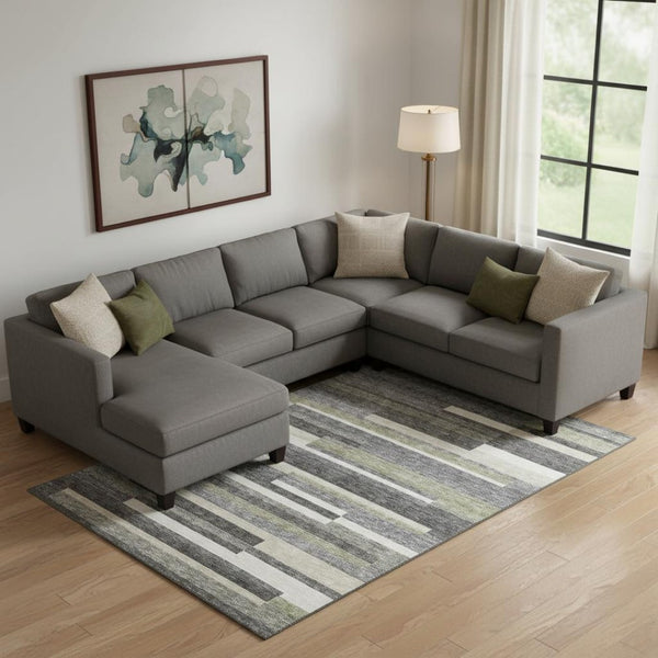 HomeRoots 10' Charcoal Gray & Silver Striped Washable Area Rug - Durable, UV-Protected, & Stain-Resistant Design 664272