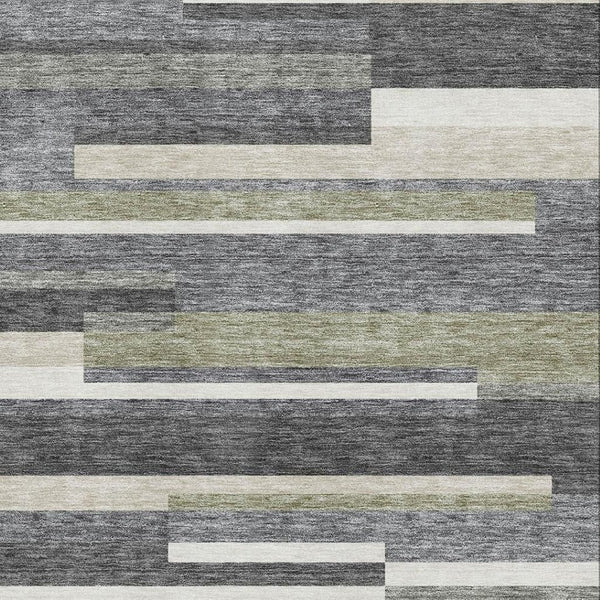 HomeRoots 10' Charcoal Gray & Silver Striped Washable Area Rug - Durable, UV-Protected, & Stain-Resistant Design 664272