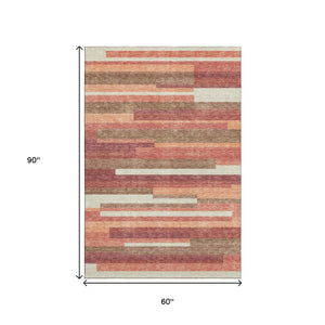 HomeRoots 5' X 8' Coral Taupe & Orange Striped Washable Area Rug - Durable, UV Protected & Easy to Clean! 664274