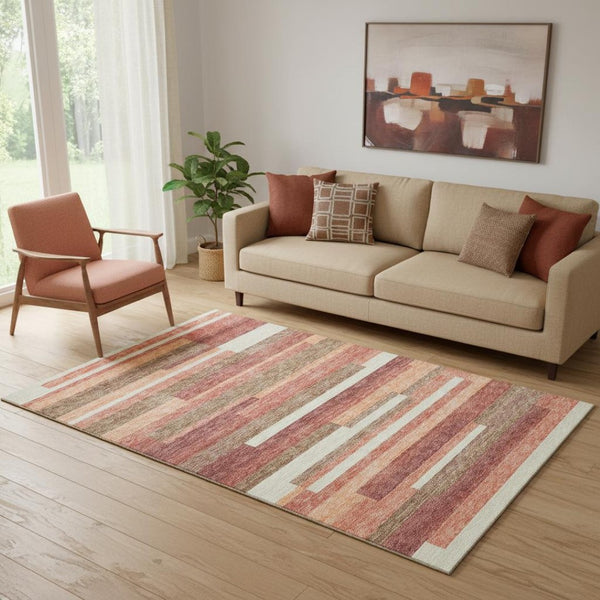 HomeRoots 5' X 8' Coral Taupe & Orange Striped Washable Area Rug - Durable, UV Protected & Easy to Clean! 664274