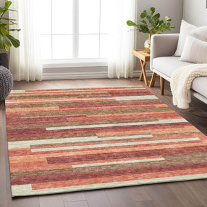 HomeRoots 5' X 8' Coral Taupe & Orange Striped Washable Area Rug - Durable, UV Protected & Easy to Clean! 664274
