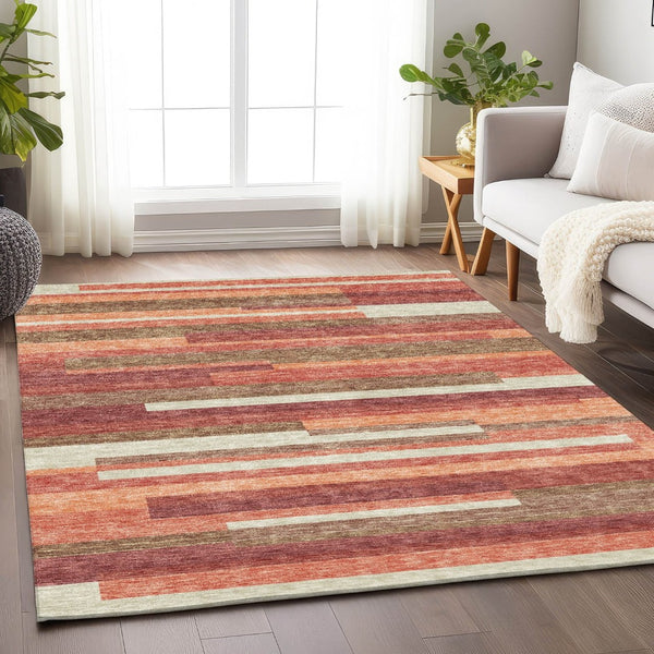 HomeRoots 5' X 8' Coral Taupe & Orange Striped Washable Area Rug - Durable, UV Protected & Easy to Clean! 664274