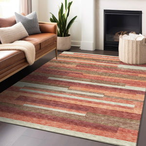 HomeRoots 5' X 8' Coral Taupe & Orange Striped Washable Area Rug - Durable, UV Protected & Easy to Clean! 664274