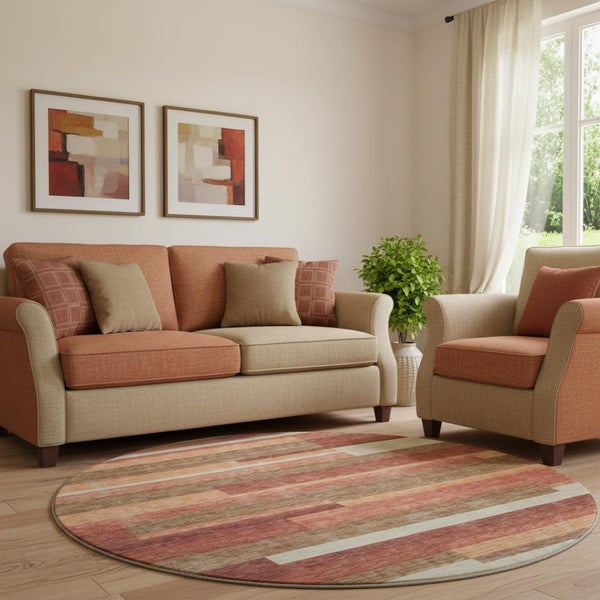 HomeRoots 8' Washable Round Rug in Coral, Taupe & Orange Stripes with UV Protection for High-Traffic Areas 664275